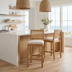 Brunello 28" Solid Wood Rattan Back Upholstered Bar Stools Set of 2