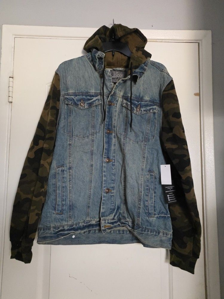 Men's Denim Jacket Large Army Camouflage Trucker