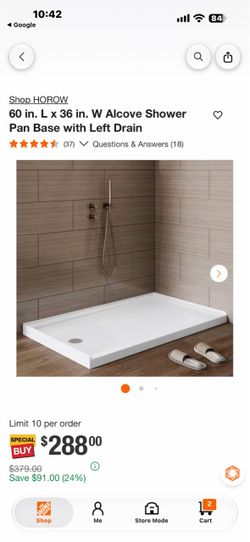 HOROW 60 in. L x 36 in. W Alcove Shower Pan Base with Left Drain