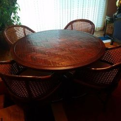 Custom Oak Parquet 48" Round Table w/ Cane Back Barrel Chairs / Vtg Vintage
