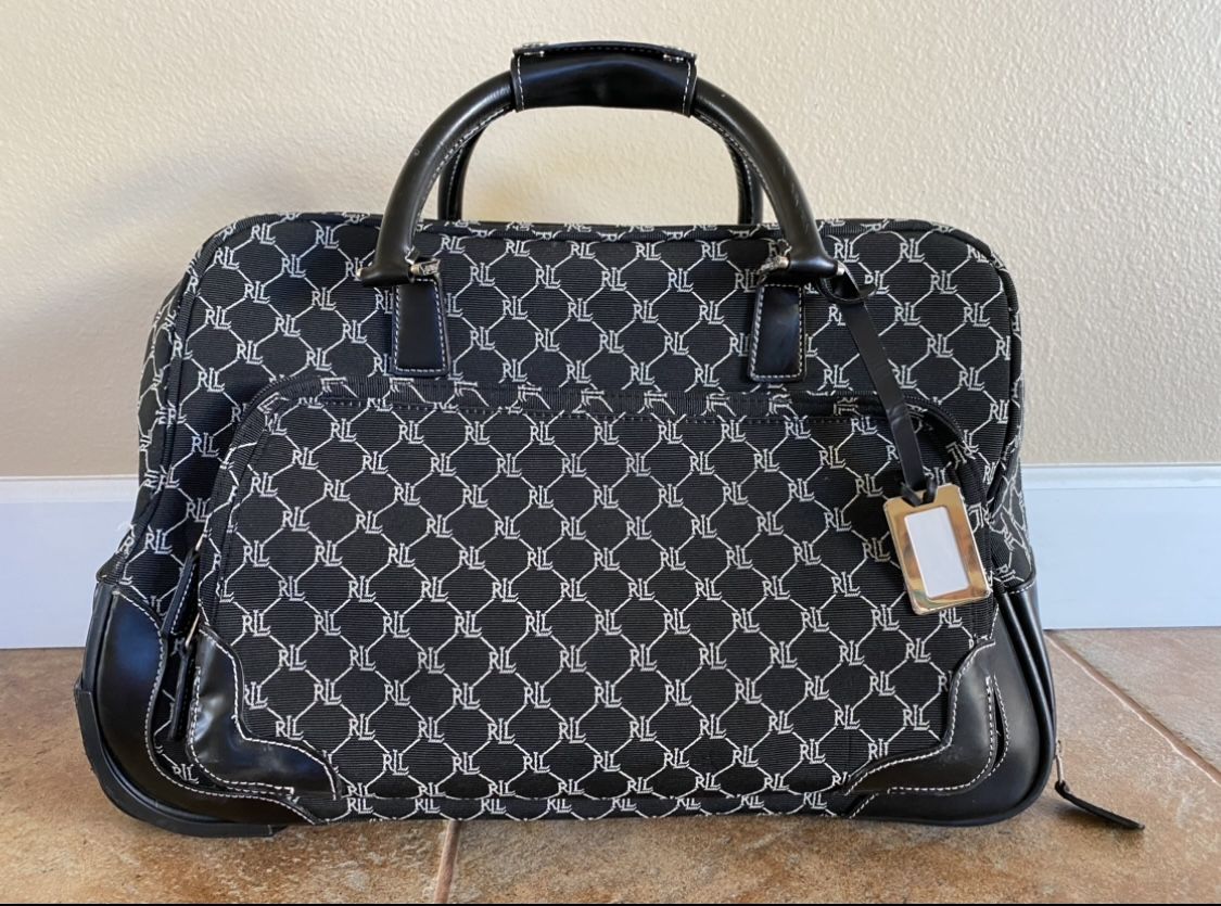 💼 Ralph Lauren Signature Jacquard Leather Canvas Rolling Travel Suitcase Duffle Bag