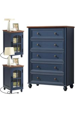 Farmhouse Dressers and Nightstand Set of 3,Wood 31.5" Wide 5 Drawer Dresser 18'' Narrow Side Table with Charging Station,Roman Column Bedroom Furnitur