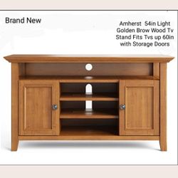 Brand New Amherst 54" in Light  Wood TV Stand Fits For TVs Up 60" In With Storage Doors 