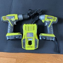 Ryobi 18 V drill and impact gun with upgraded Dual Chemistry charger.