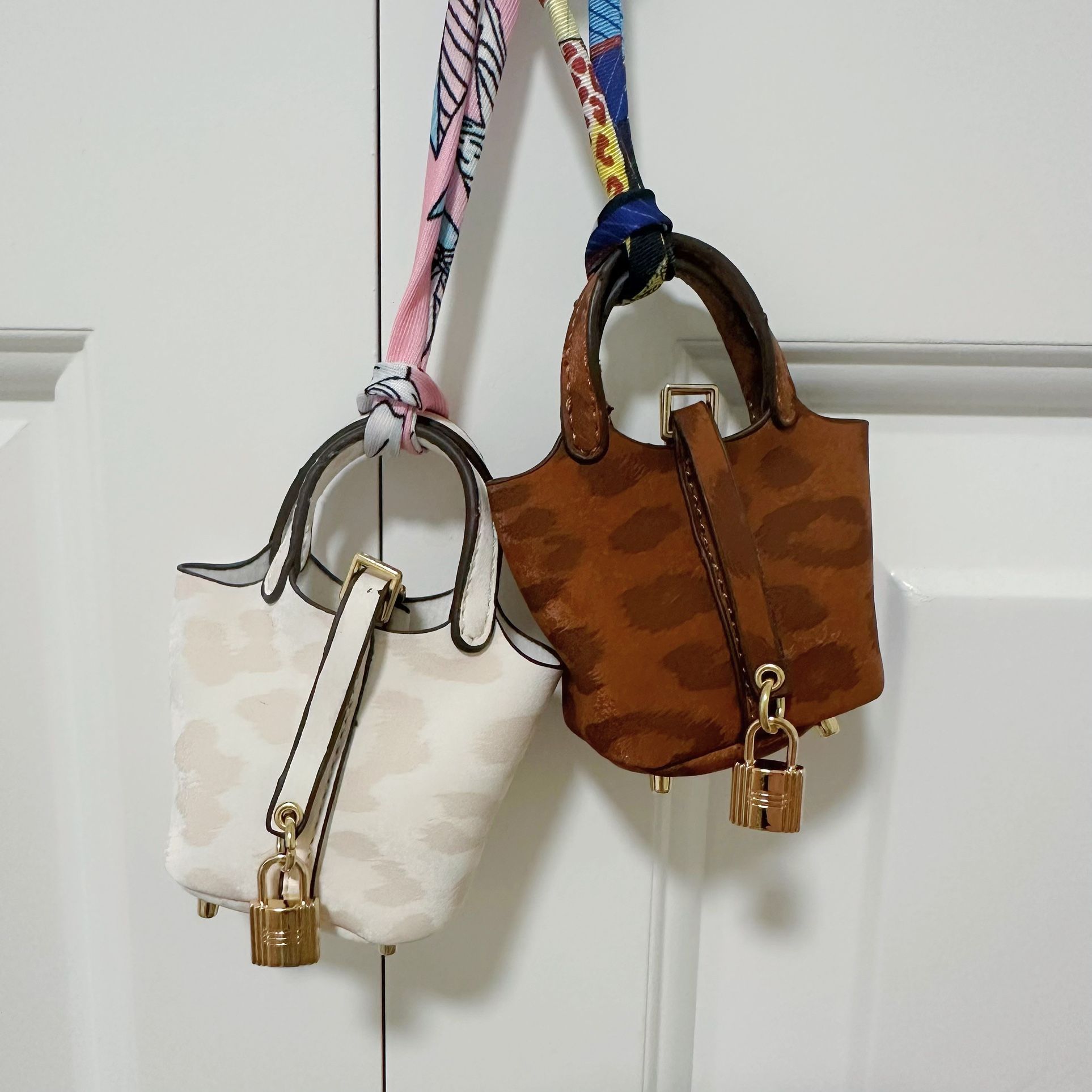 Set of 2 Mini Bag Charms & Keychains – Leopard Print (Brown & Cream)