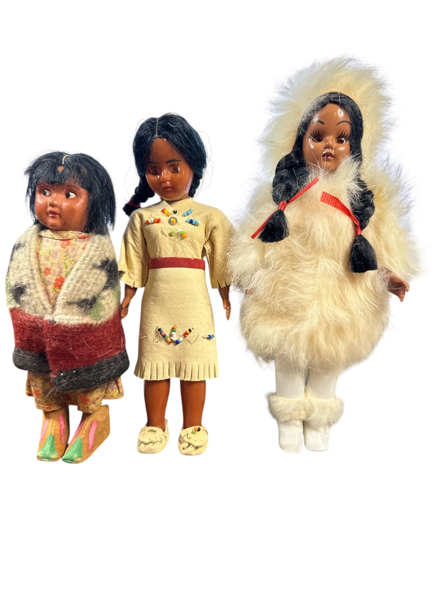 2 7”Native American Souvinir Doll and 3Doll Skookum Bully Good Indian Doll Blanket 6.5" Straw Body Wood Legs Felt Pant 3 dolls for the price of 1. T