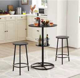 36.2” 3-Piece Round Bar Table Set for 2 with Wine Rack & 2 Stools – Black