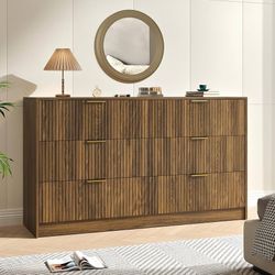 M158-Walnut 6 Drawer Dresser Bedroom,55” Wide Fluted Dresser Wood with Gold Handles,Mid Century Wooden Chest of Drawer for Closet,Bedroom,Living Room,