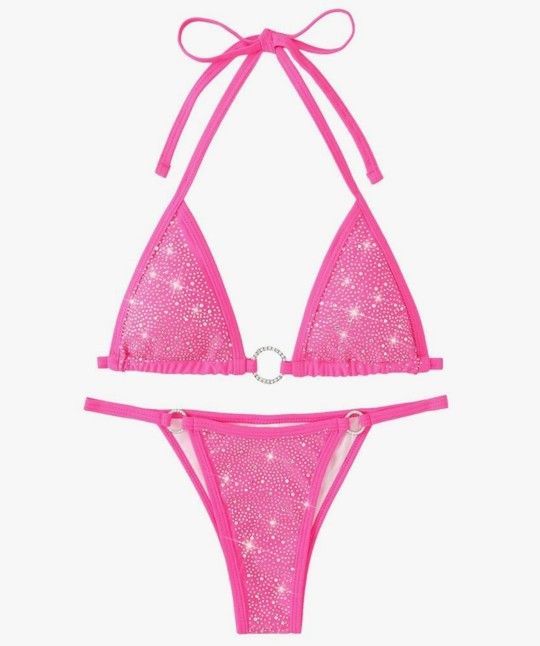 Women's Sparkly Rhinestone Halter Triangle O Ring Top String Thong High Cut Bottom 2 Pieces Bikini Swimsuit Set, SMALL 