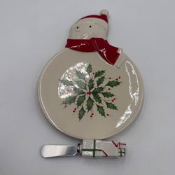 Lenox Snowman Cheese Plate With Spreader Christmas Holidays Mistletoe New