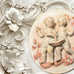Vintage 1950s Bisque Cherub Wall Plaque With Flowers, 5x5.5”