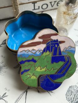 VINTAGE cloisonné enamel 3” handmade Trinket Pill Box metal brass art, China Wall souvenir, floral shape pill holder,wedding something blue