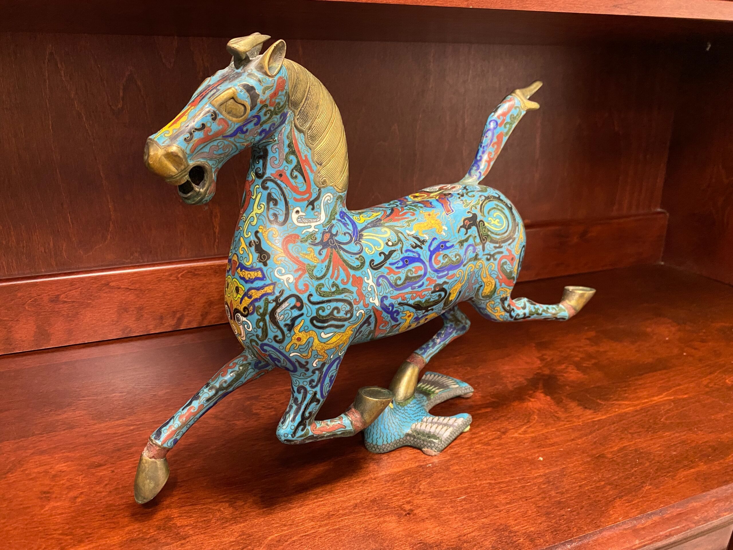 Vintage Chinese Metal Cloisonne Horse Sculpture