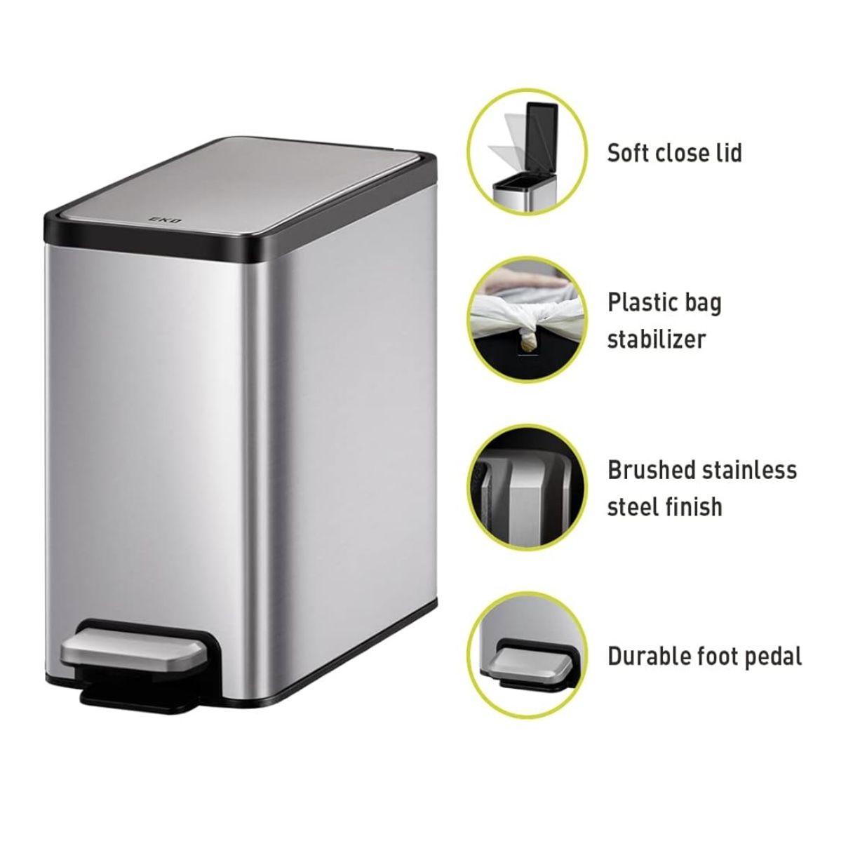 EKO Slim Stainless Steel Bathroom Trash Can – 1.6 Gal / 6L