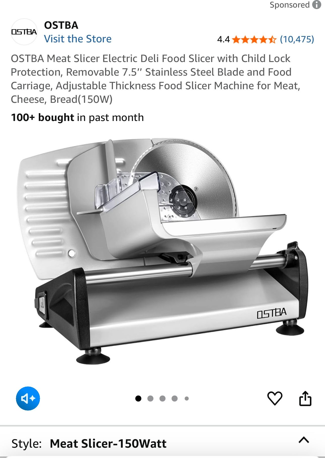 OSTBA Meat Slicer Electric Deli Food Slicer with Child Lock Protection, Removable 7.5’’ Stainless Steel Blade and Food Carriage, Adjustable Thickness