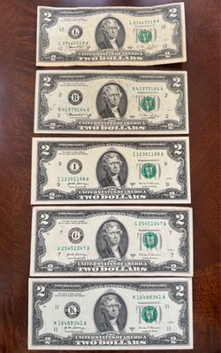 Lot of 5 US $2 Bills