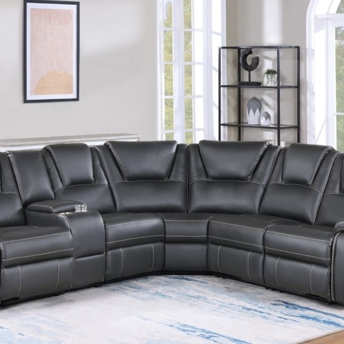 Gray Leather Sofa Sectional w/ Power Recliners 