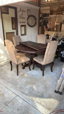 Vintage Victorian Dining Set - Wooden Table & Upholstered Chairs