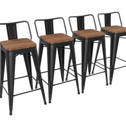 26 inch Bar Stools Set of 4 Kitchen Counter Height Barstools with Wood Seat Metal Low Back Bar Chairs Matte Black
