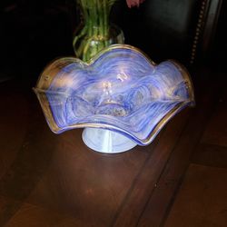 Large Hand-Blown Art Glass Ruffled Pedestal Bowl - Cobalt Blue & White Swirl - Polished Pontil