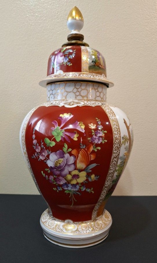 DRESDEN PORCELAIN LIDDED URN - 15" TALL - HAND-PAINTED AND GILDED