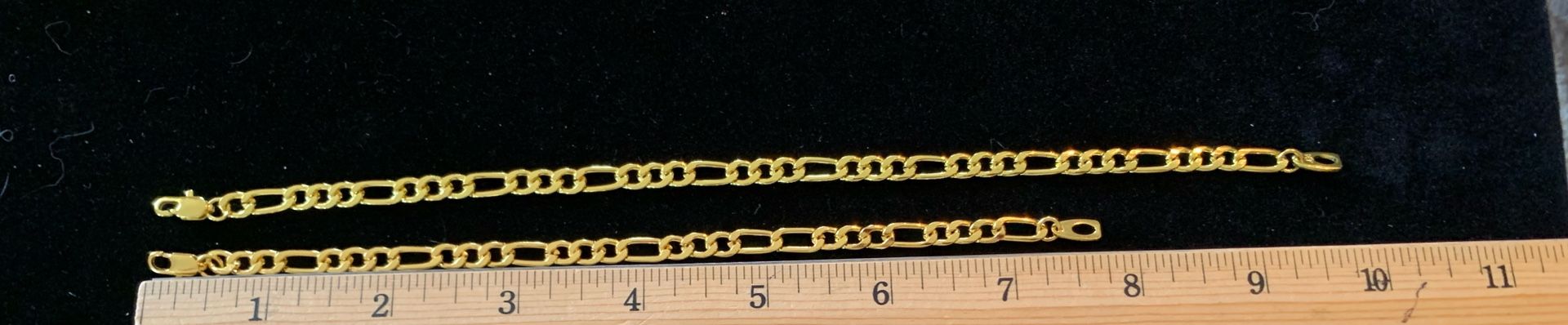 FIGARO ANKLET 10”, BRACELET TO MATCH 8”, 7mm gold plated