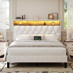 Full Size Bed Frame with LED Lights, Velvet Upholstered Bed Frame Full with Charging Station and Storage Headboard, Modern Diamond and Rivet Design, N