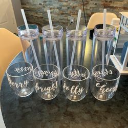Four Tall Tumblers With Lids Plus Fun Holiday Wine Glasses