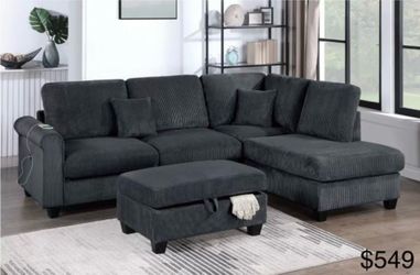 Corduroy sectional sofa with ottoman