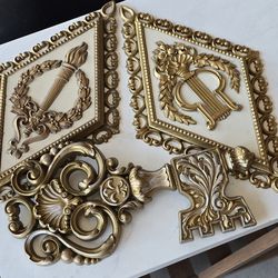 GORGEOUS 1963 HOMCO SET OF (3) VINTAGE GOLD WALL HANGING PLAQUES✨️HOME INTERIORS & GIFTS/SYROCO ~Mid 20th Century Roman Torch Syroco AND Vintage Syroc