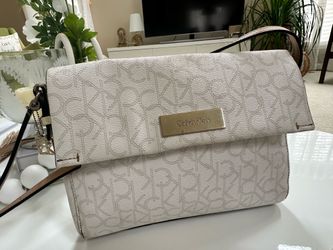 Calvin Klein Crossbody Bag White Canvas Monogram Flap Shoulder Bag Good Condition