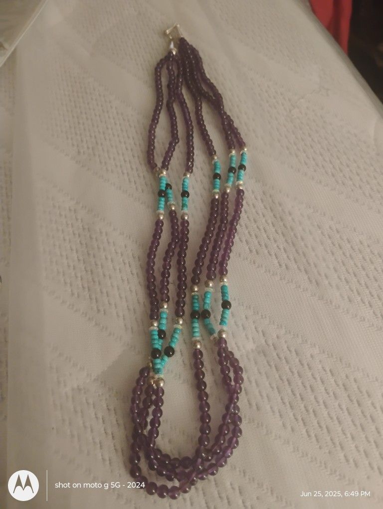 Amethyst Turquoise 3 Strand Neckless Silver Clasp