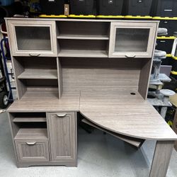 Grey desk with hutch, has ware, see description for dimensions and all pics