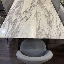 Modern Marble Dining Table with 6 Velvet Chairs – Excellent Condition