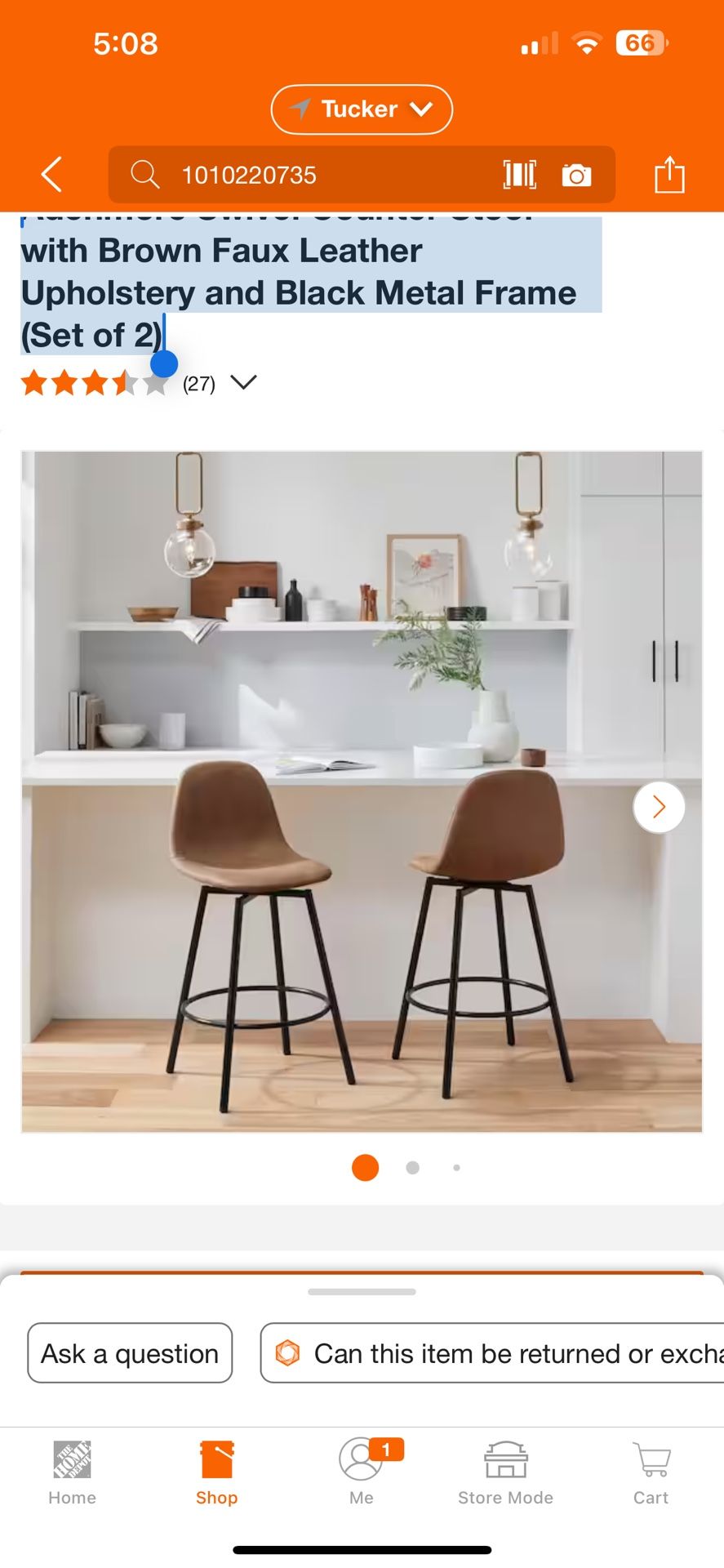 Adenmore Swivel Counter Stool with Brown Faux Leather Upholstery and Black Metal Frame (Set of 2)