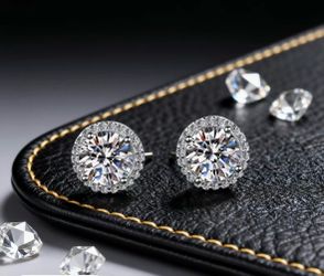 Classic Round Moissanite Halo Stud Earrings in Sterling Silver