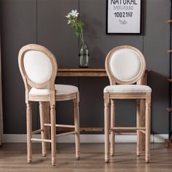 Bar Height Chairs Set of 2, French Country Barstools with Solid Wood Frame and Upholstered Seating, Beige