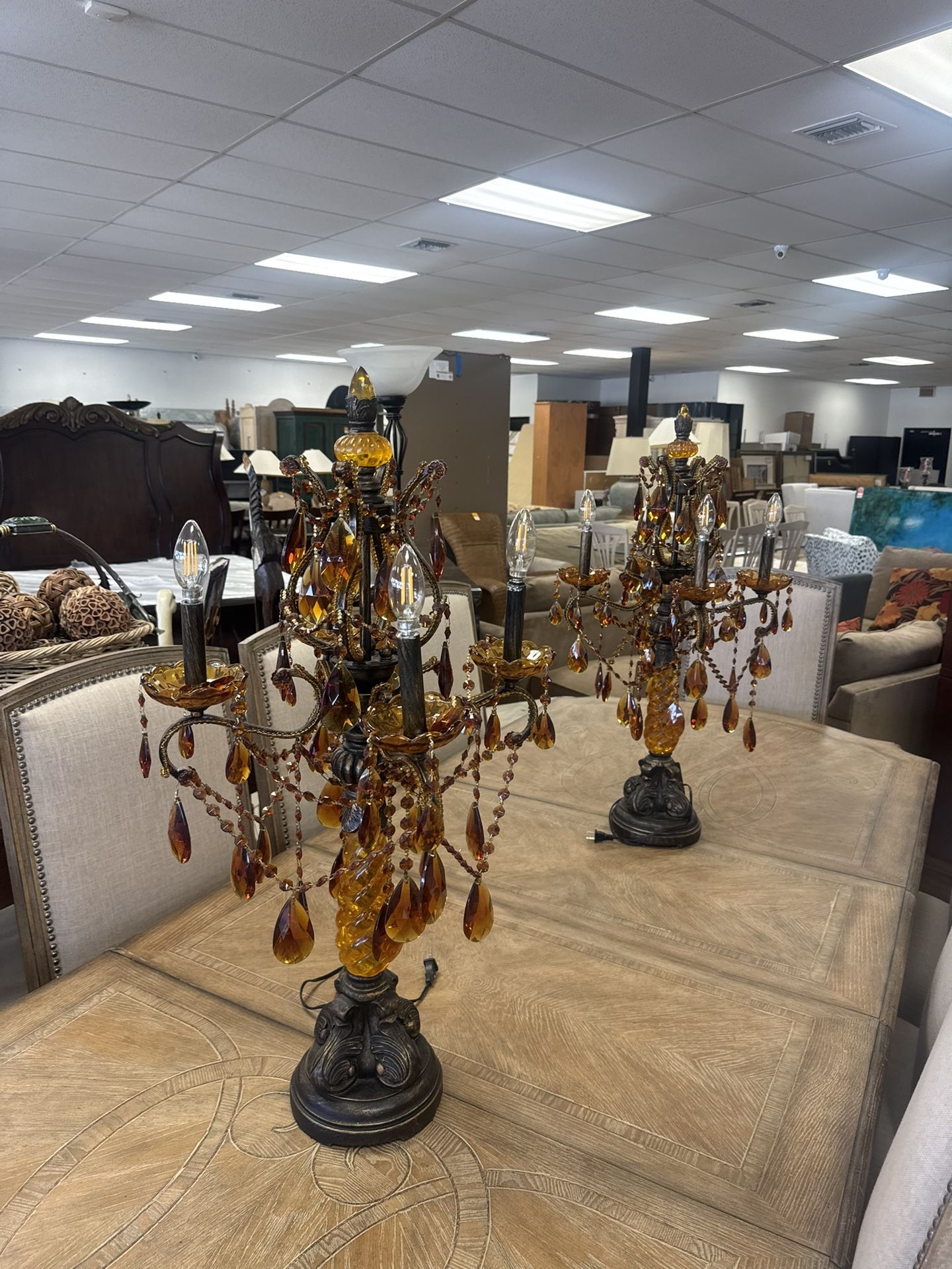 Pair of Baroque Style Modern 34 Inch Electric Candelabrum Golden Amber Accents Lamp Antique Finish Excellent Condition Retail: $1100