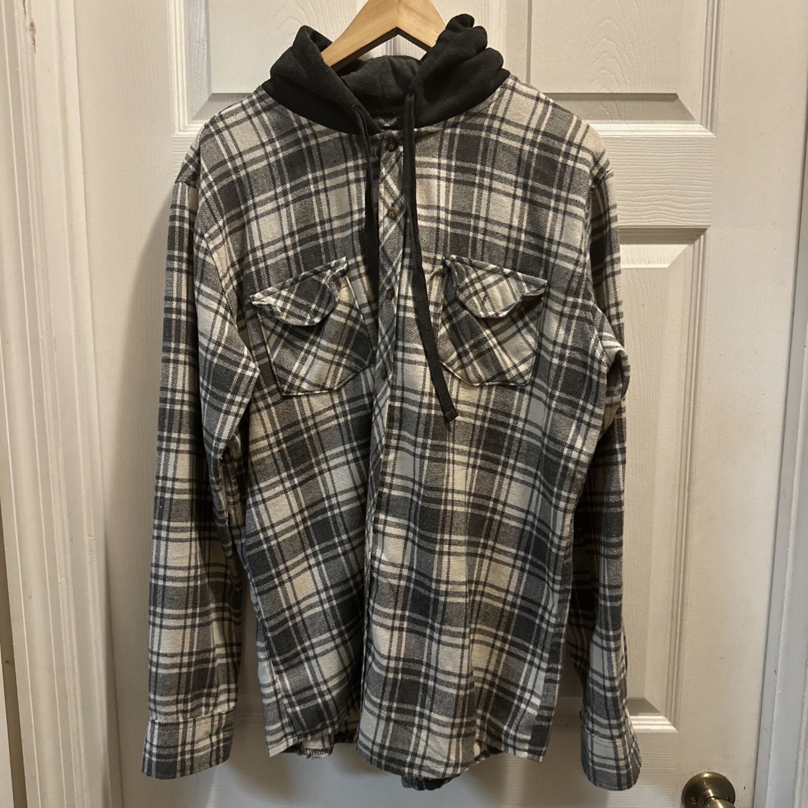 BLUE GEAR Black Gray White Tan Plaid Hooded Flannel Button-Front Shirt Large