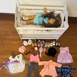 American Girl Doll, Crib With Storage, and Clothes