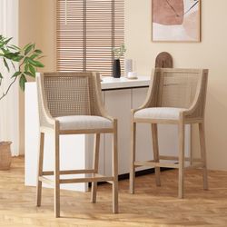 Set of 2 - Natural Wood / Cane Bar Height  Bar Chairs (30” Seat Height) w/ Beige Upholstered Cushion [NEW] <Retails for $400>  **Already Assembled
