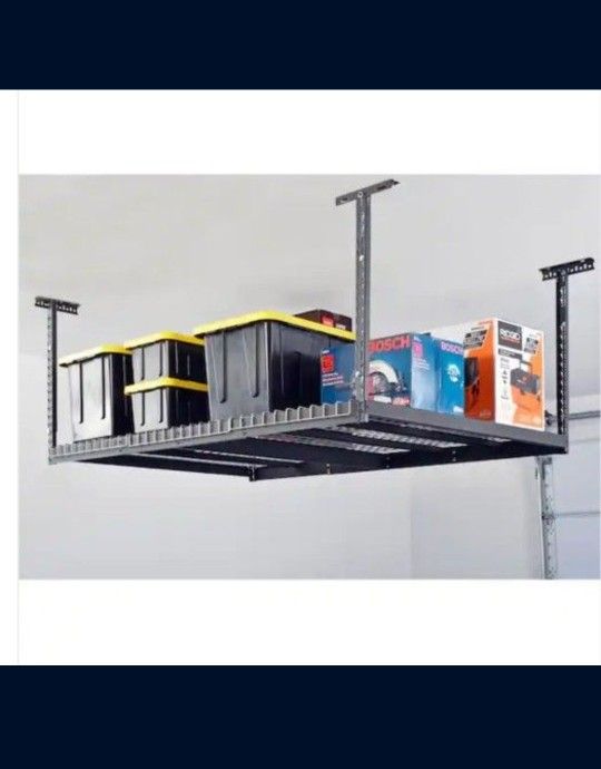 Sturdy Hanging Over Head Storage Rack for organizing garage or extra room.