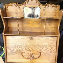 Antique Golden Oak Secretary Desk with Shelves & Mirror