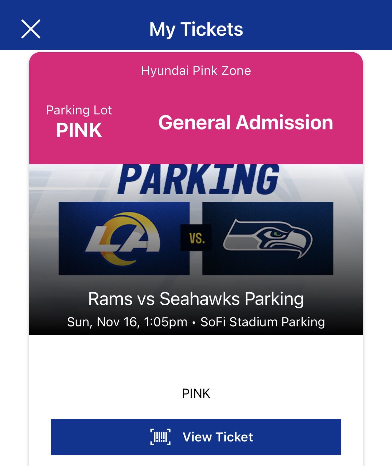 Rams vs Seahawks Pink Parking Pass