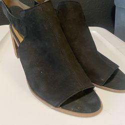 Franco Sarto Black Leather Peep Toe Summer Heels, Size 8