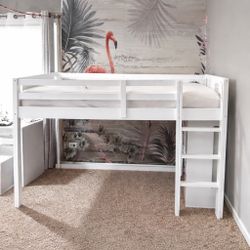 Delta Children Twin Loft Bed with Guardrail & Ladder – White