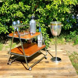 60's Bar cart Mid Century in chrome w/ solid cherry wood & bucket included *CLEAN