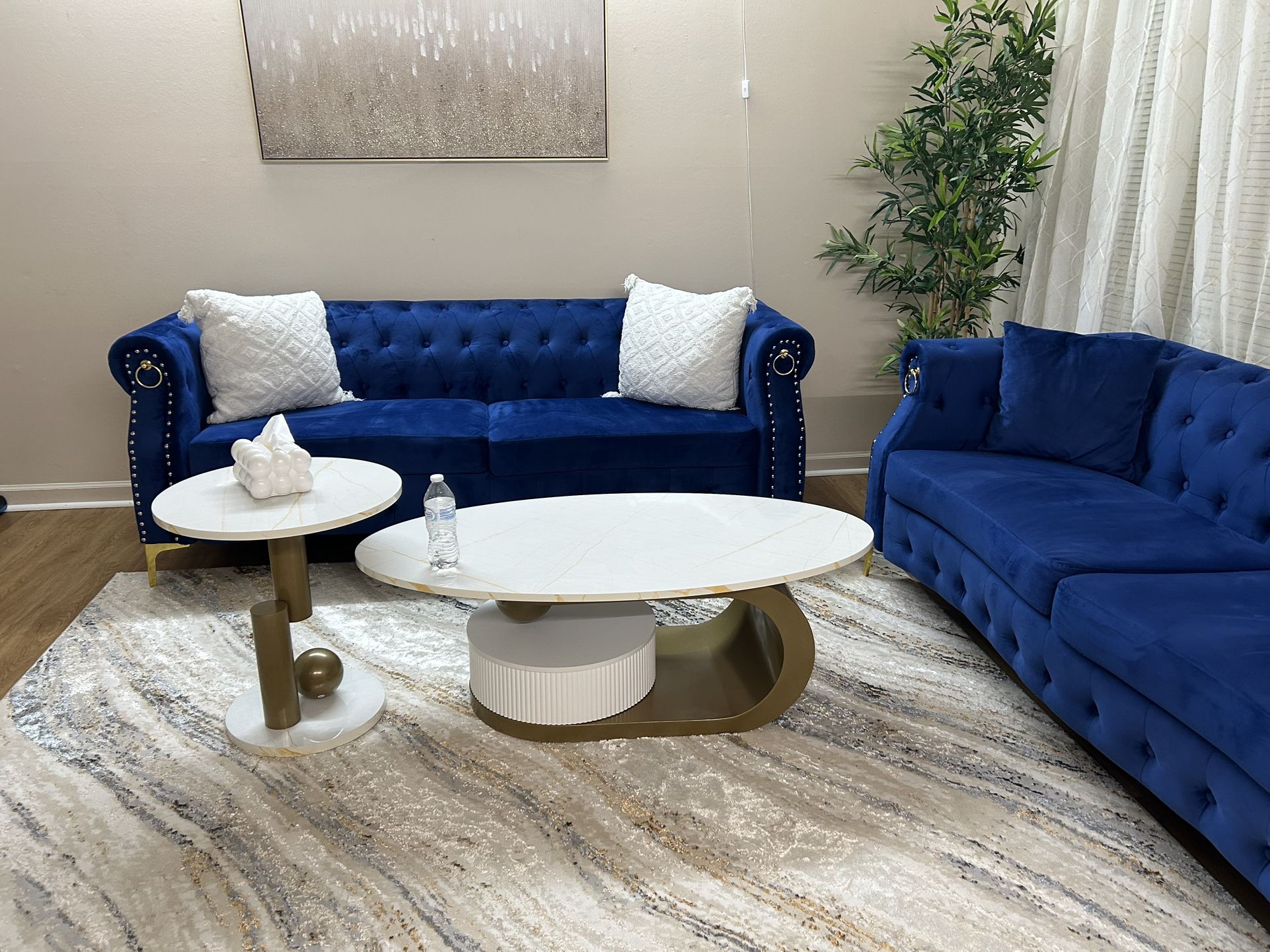 2 Pc Blue Sofa Set With Gold