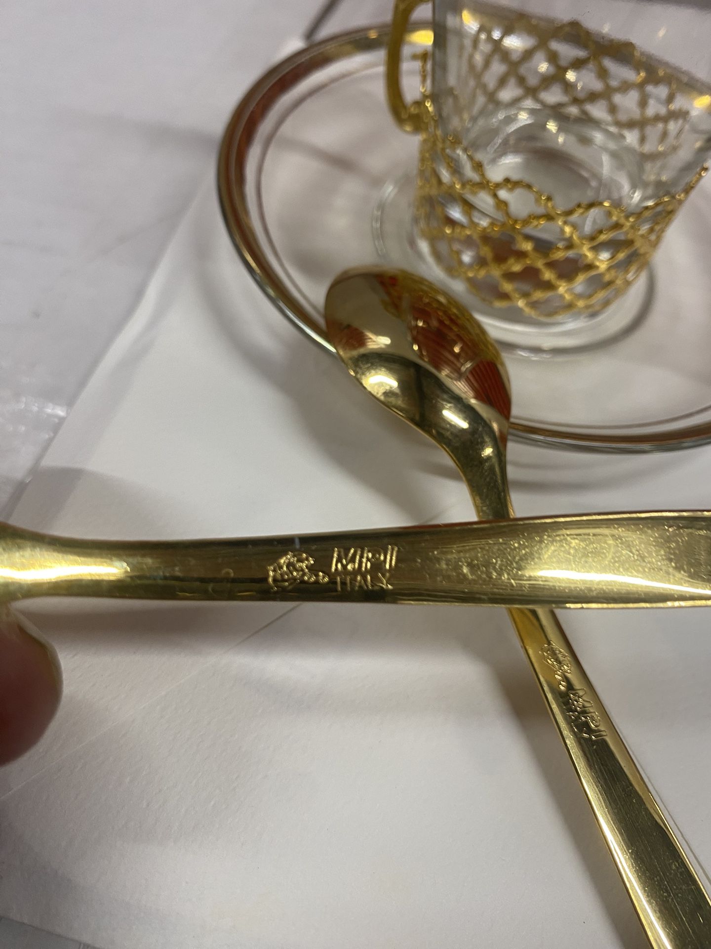 Vintage set of 6 Italian brass demitasse spoons by “ MPI “. Everything shown in photos is included. 6 gold / brass spoons, 6 saucers, 5 glasses with