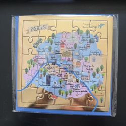 Paris Map Wooden Puzzle and greeting card - Gold and Blue